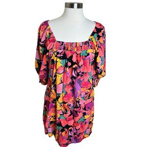 Socialite Dress Size Small Pink Bold Florals Babydoll Square Neck 3/4 Sleeves